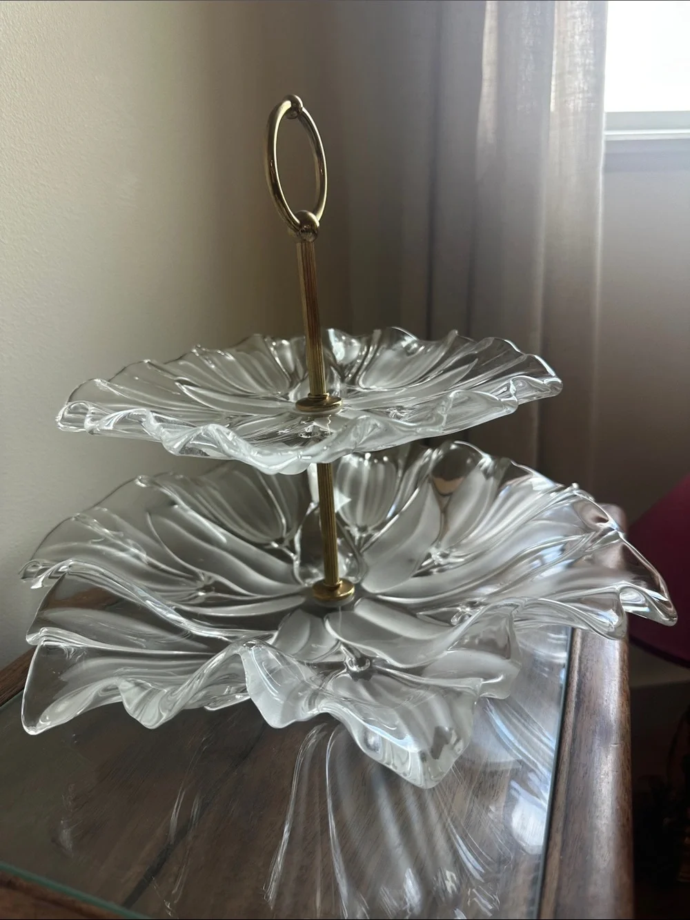 Vintage Mikasa Tulip Glass 2-Tier Cupcake Dessert Stand with Art Deco Gold Brass